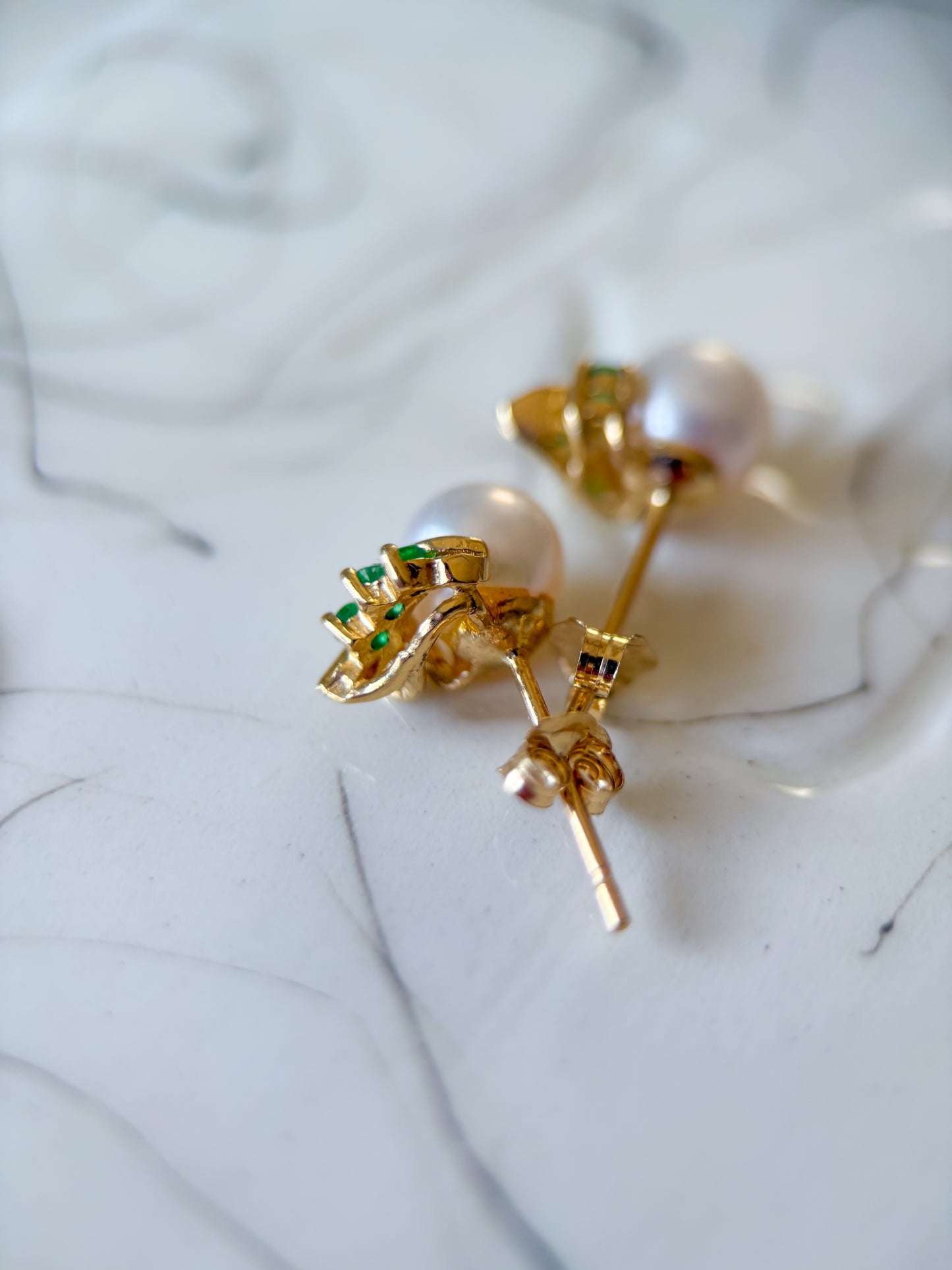 Vintage Pearl Stud with Natural Emeralds 14k Yellow Gold Earrings