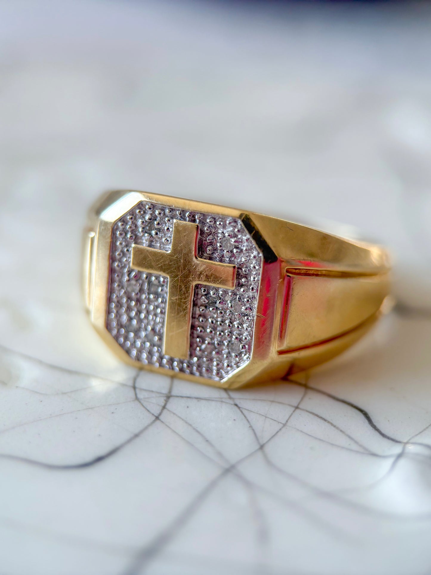Vintage Cross Natural Diamond 10k Yellow Gold Men's Ring
