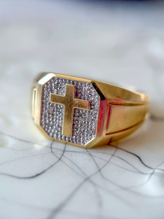 Vintage Cross Natural Diamond 10k Yellow Gold Men's Ring