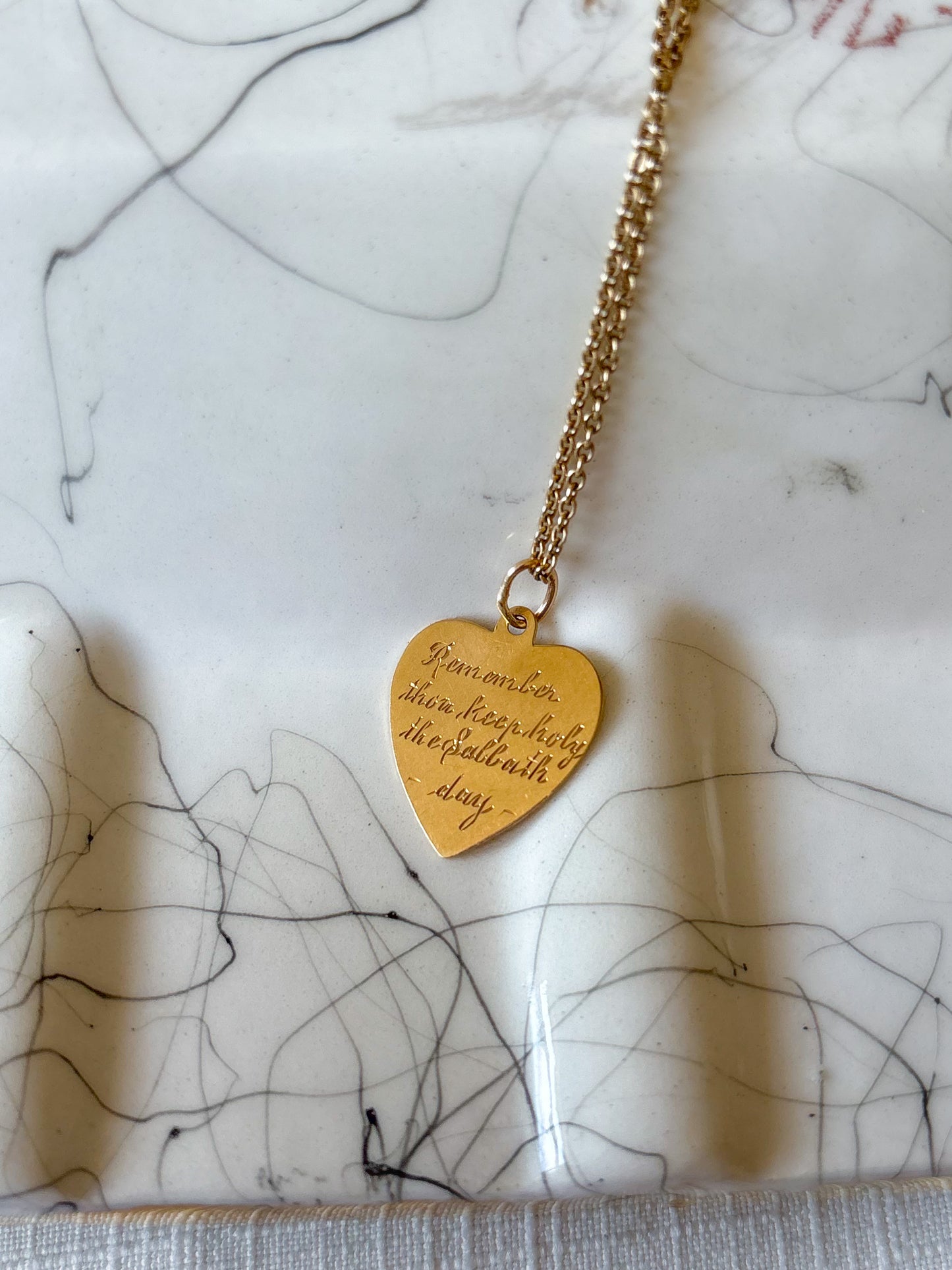 Vintage Engine Turned Heart 14k Yellow Gold Charm, Engraved: "Remember thou keep holy the Sabbath day"
