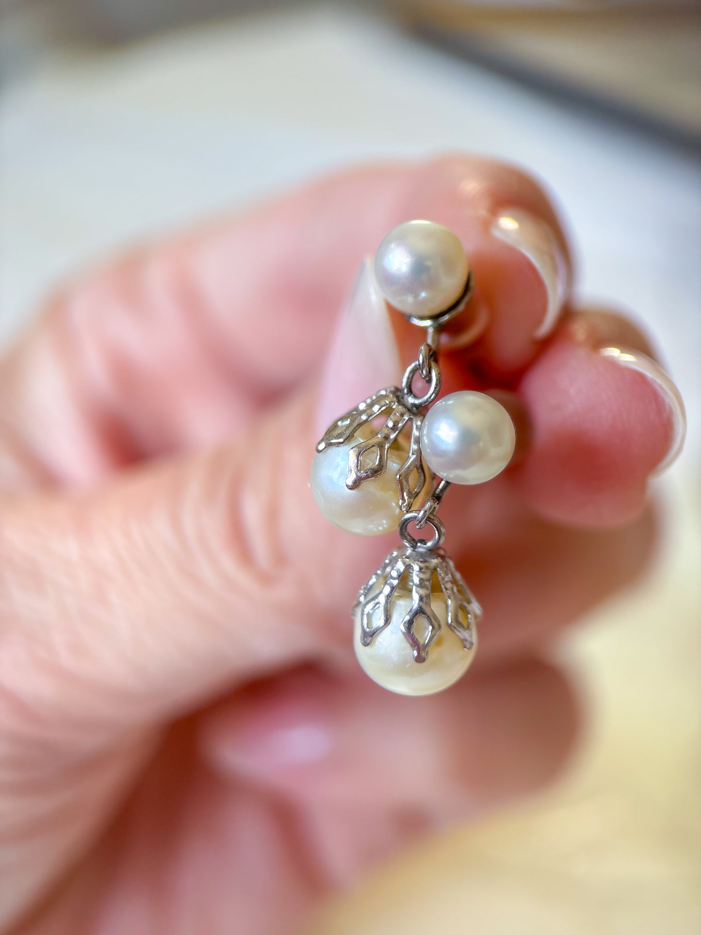 Vintage Pearl 14k White Gold Dangle Earrings