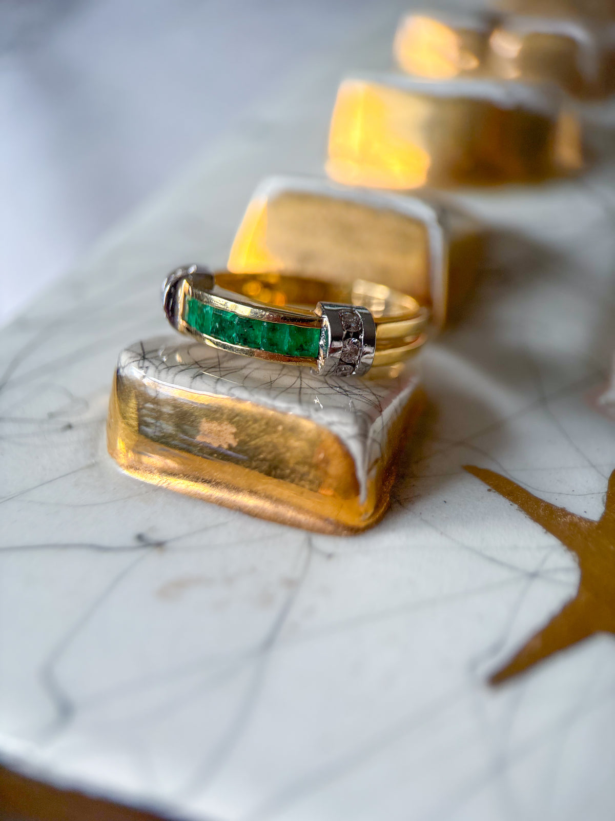 Vintage Natural Emerald and Natural Diamond Two Toned 14k Yellow and White Gold Band