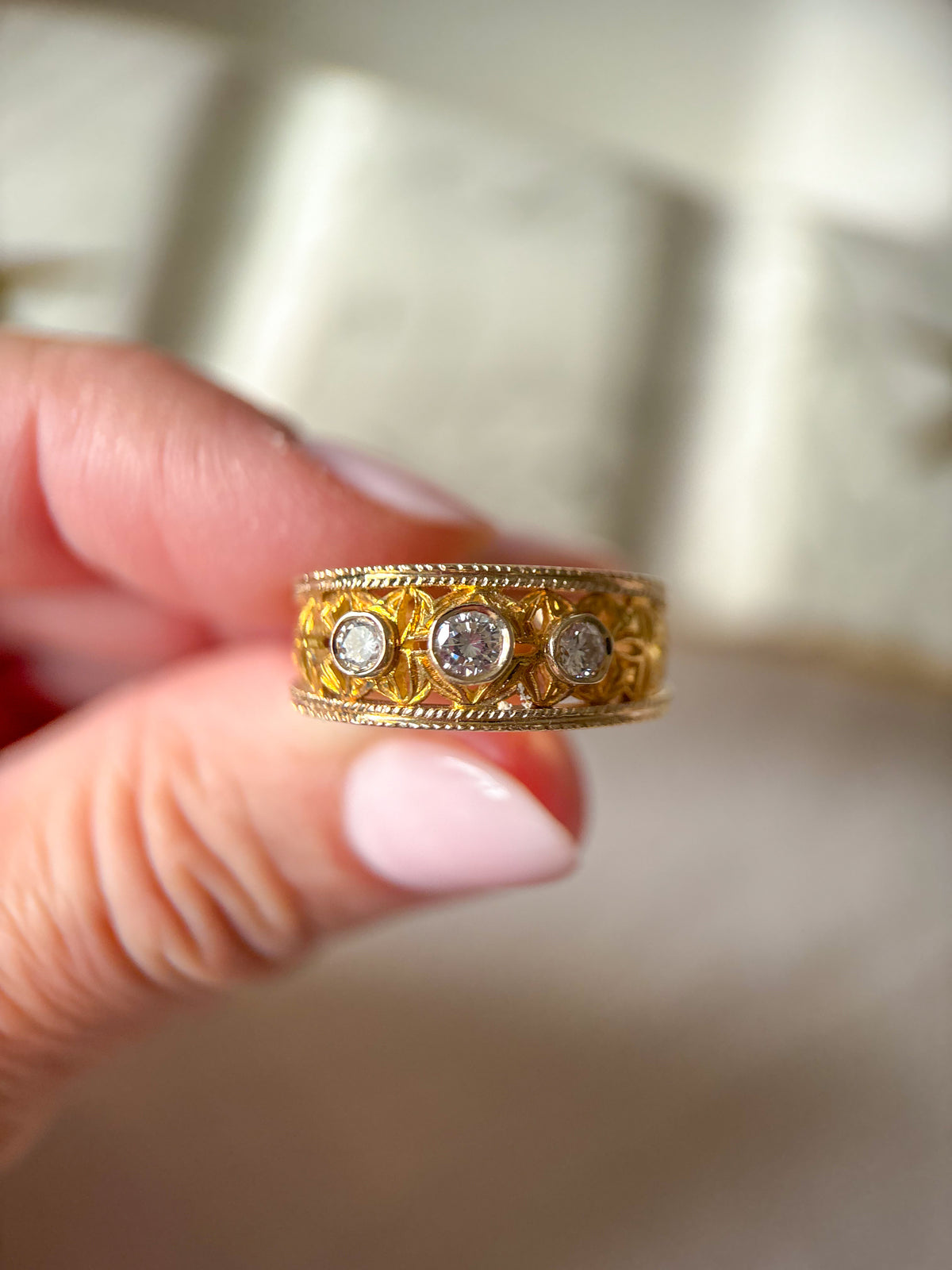 Vintage Natural Diamond Three Stone 18k White and Yellow Gold Two Toned Band