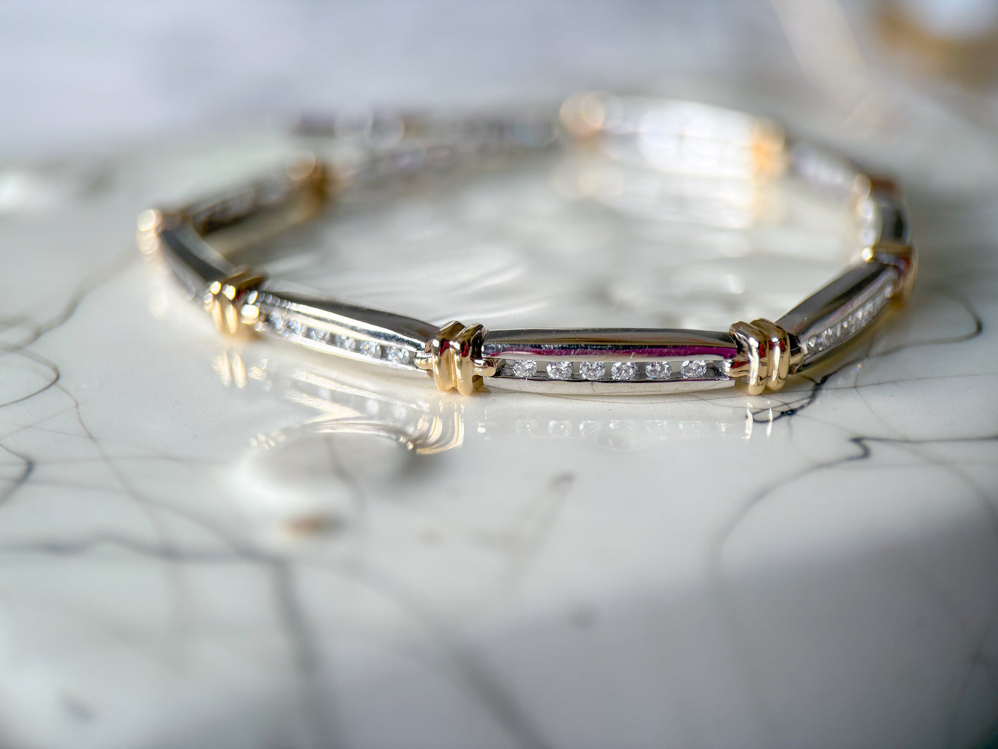 Vintage Natural Diamond Two Toned 14k White and Yellow Gold 7 Inch Bracelet