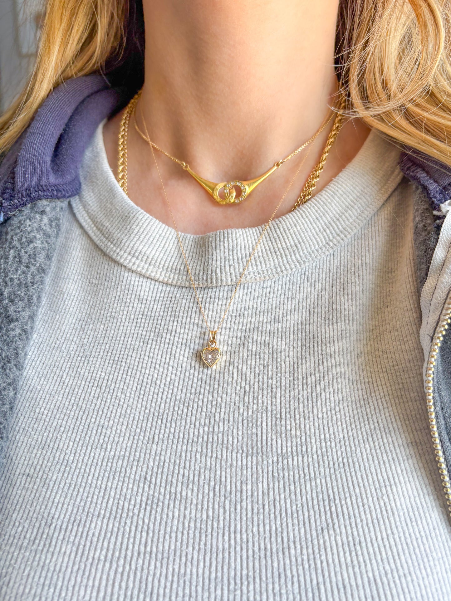 Vintage Bezel Set Natural Heart Shaped Diamond with 14k Yellow Gold Chain
