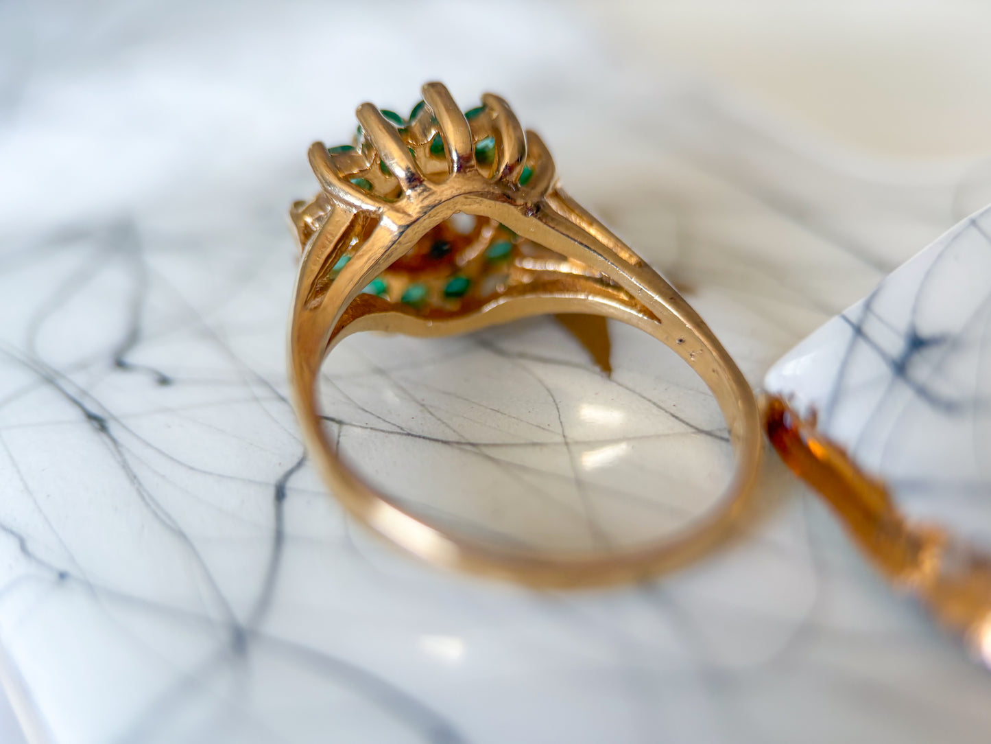 Vintage Natural Emerald and Diamond Cluster 14k Yellow Gold Ring