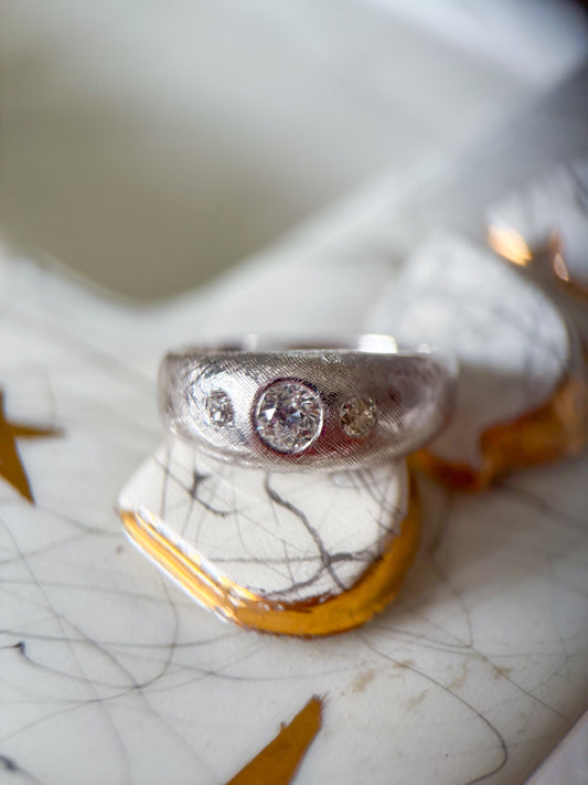 Vintage Natural Diamond Three Stone 14k White Gold Mens Ring