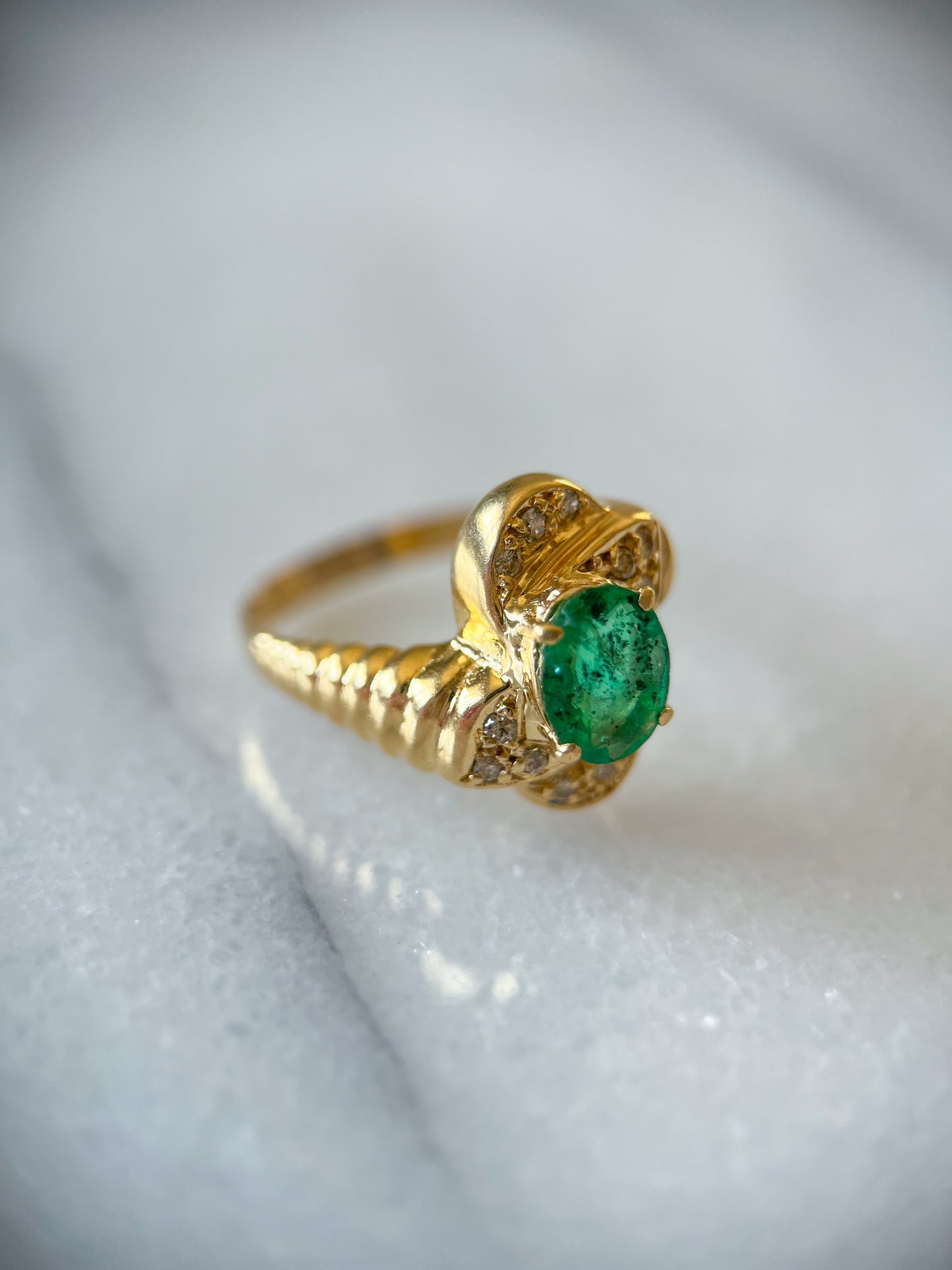 Vintage Natural Emerald and Diamond 14k Yellow Gold Ring