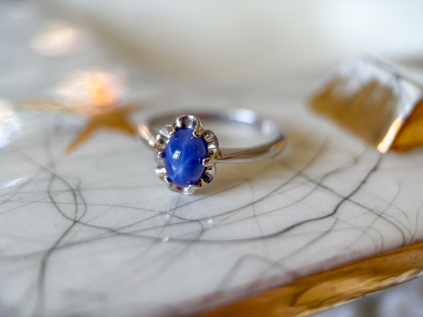 Vintage Synthetic Star Sapphire 10k White Gold Ring