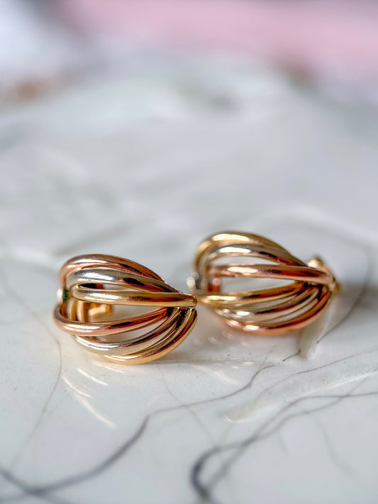 Vintage Shell Tri Colored 14k White, Rose and Yellow Gold Stud Earrings