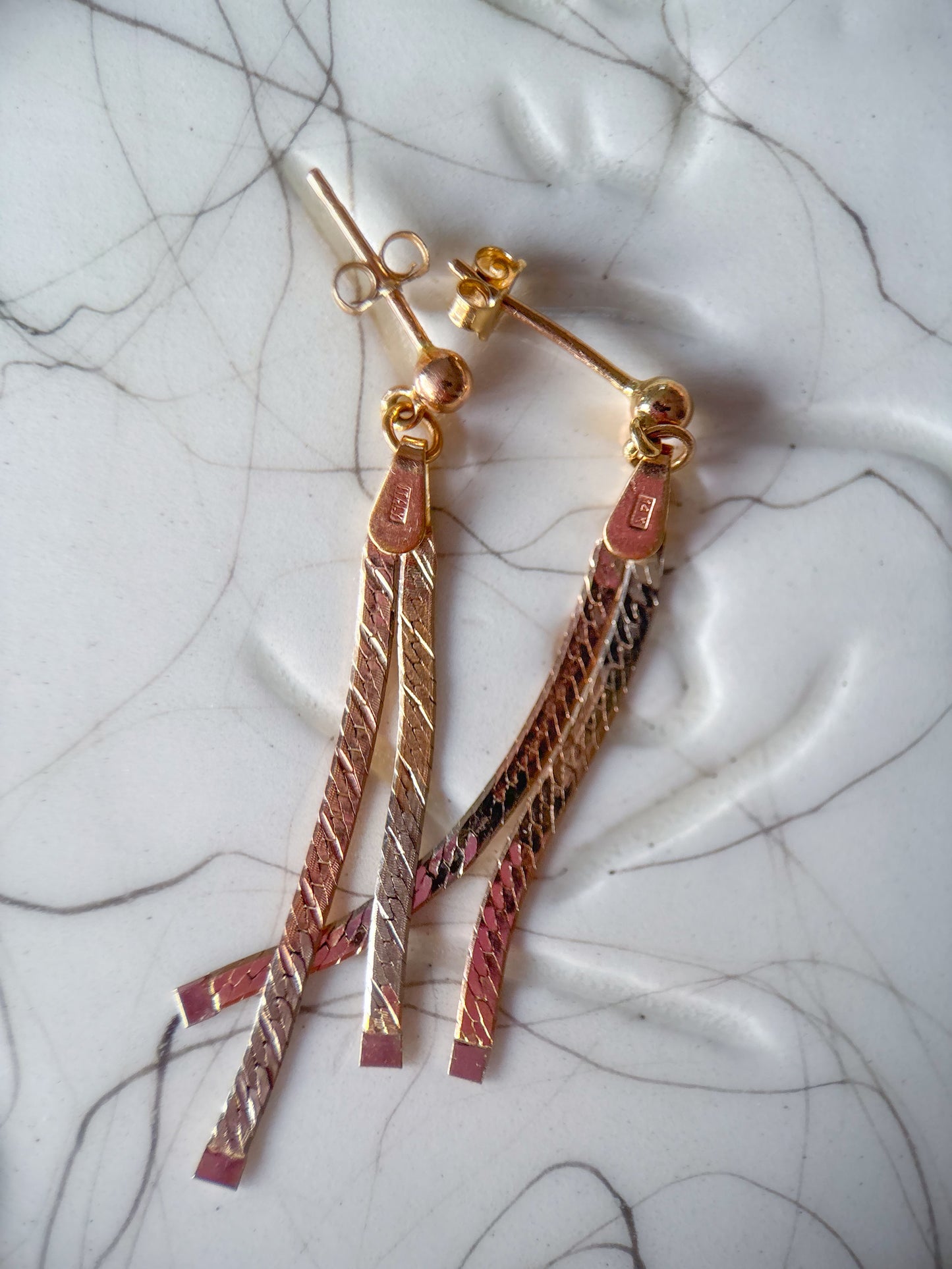 Vintage Dangle 14k White, Rose, Yellow Tri Colored Gold Earrings