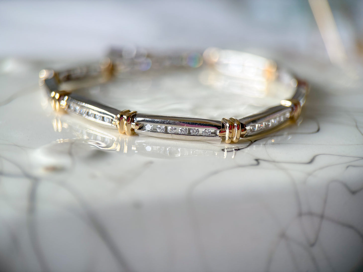 Vintage Natural Diamond Two Toned 14k White and Yellow Gold 7 Inch Bracelet