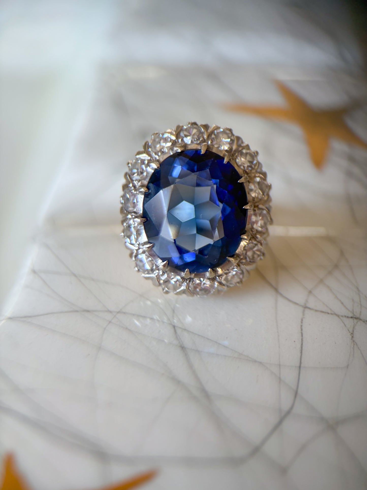 Vintage Natural Diamond and Blue Stone 10k White Gold Statement Ring