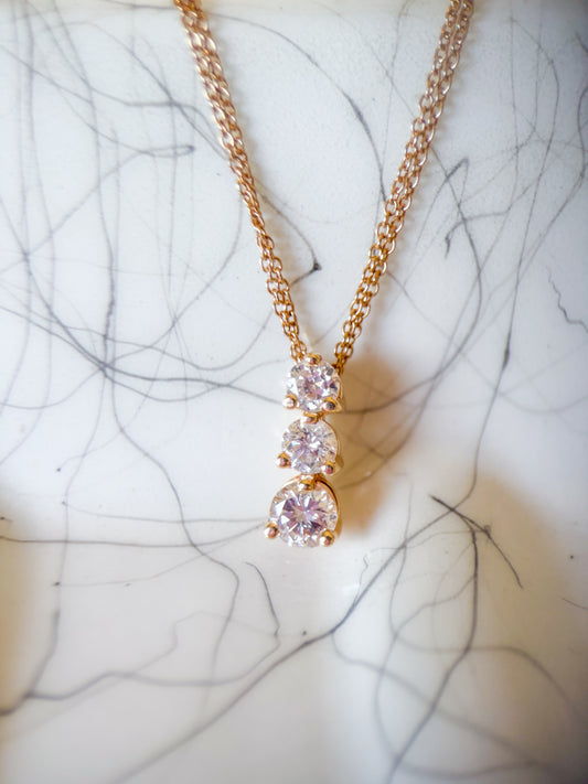Vintage Natural Diamond Three Stone Drop Pendant with 14k Yellow Gold Attached 17 Inch Chain