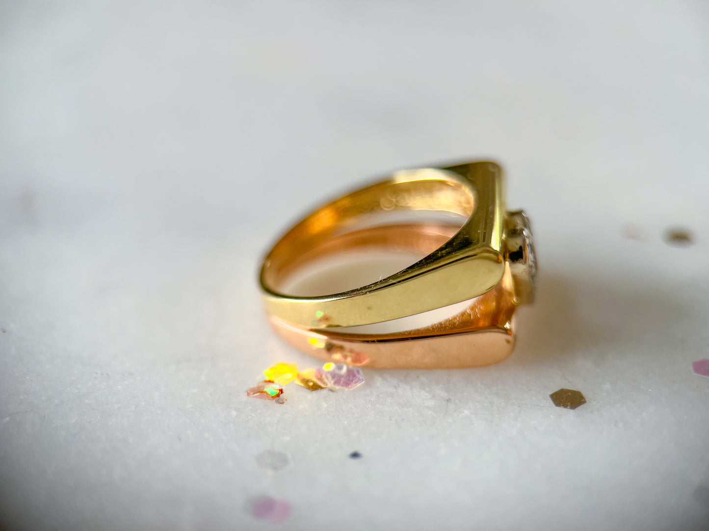 Vintage Double Bar Natural Diamond Heart Two Toned 14k Rose and Yellow Gold Ring