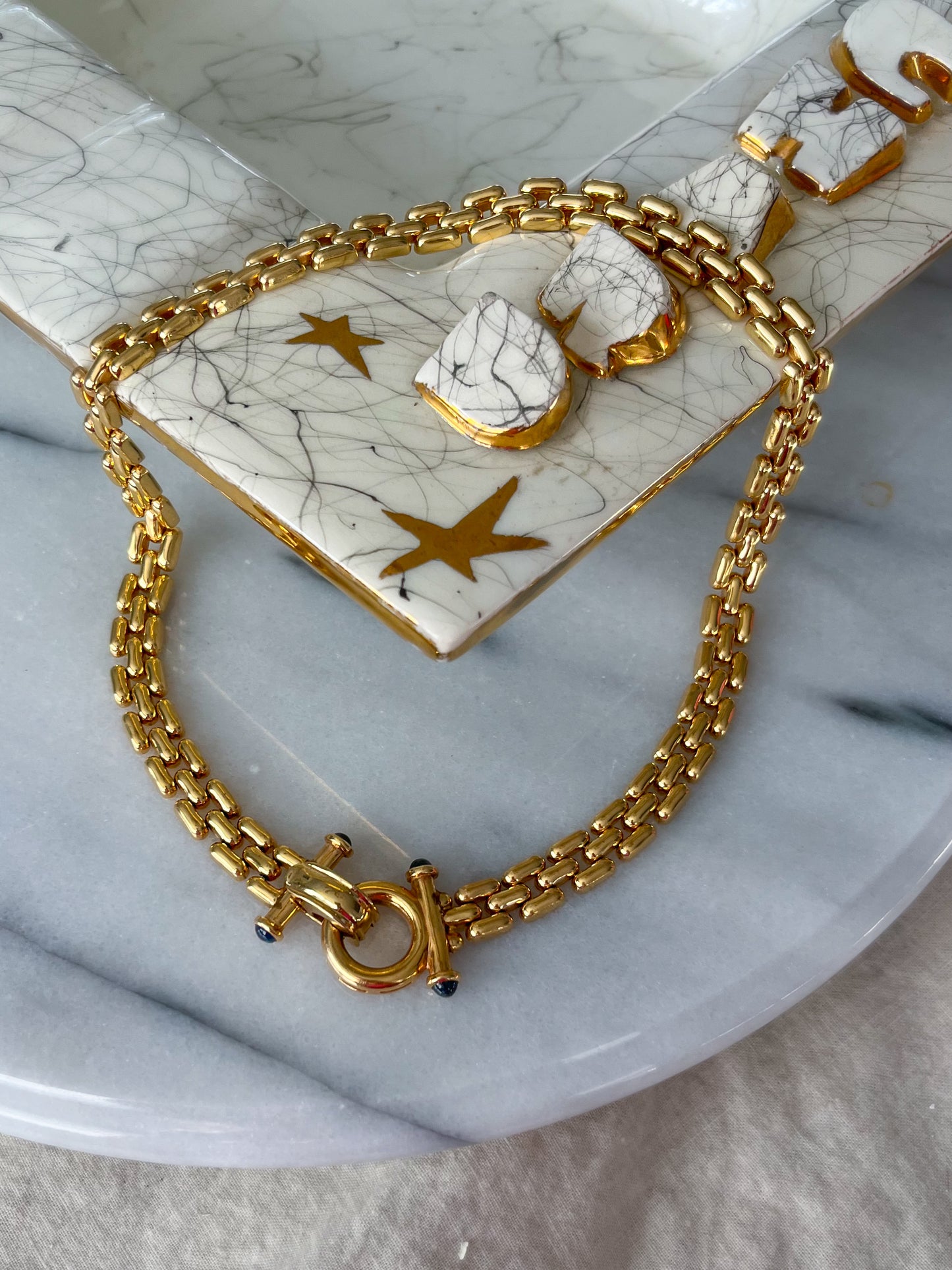 Vintage Panther Link 14k Yellow Gold Necklace with Sapphire Cabochon Toggle