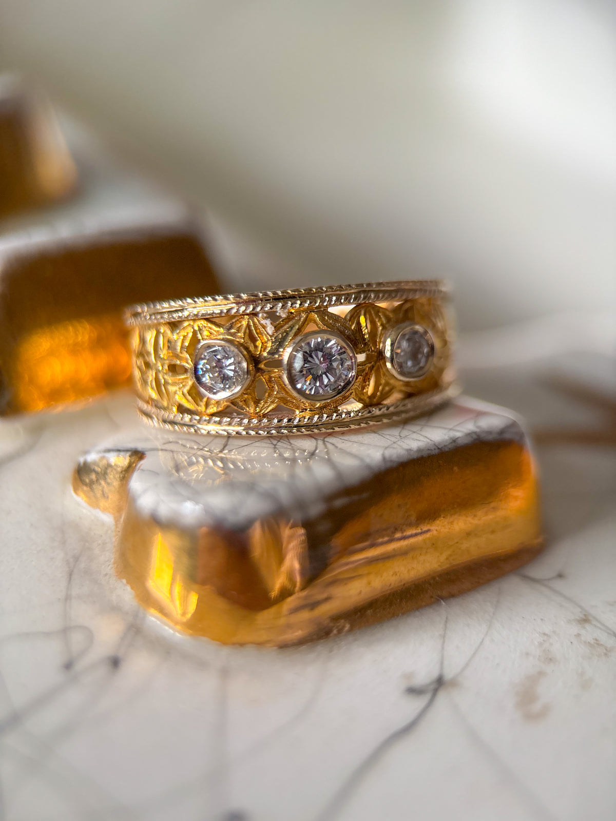 Vintage Natural Diamond Three Stone 18k White and Yellow Gold Two Toned Band