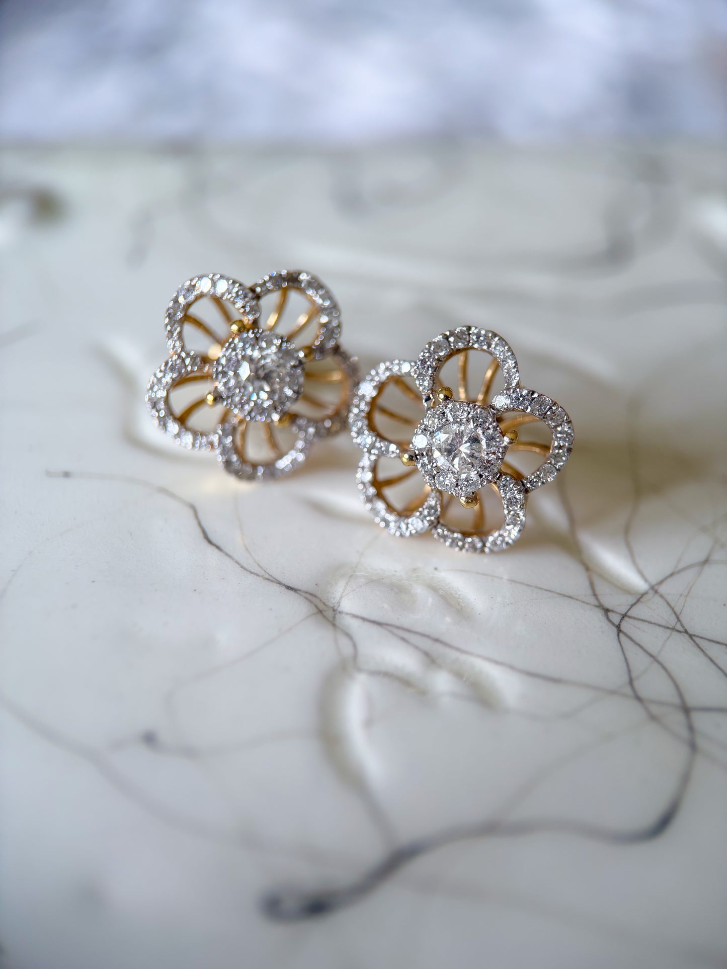 Natural Diamond Flower 14k Yellow Gold Large Stud Earrings