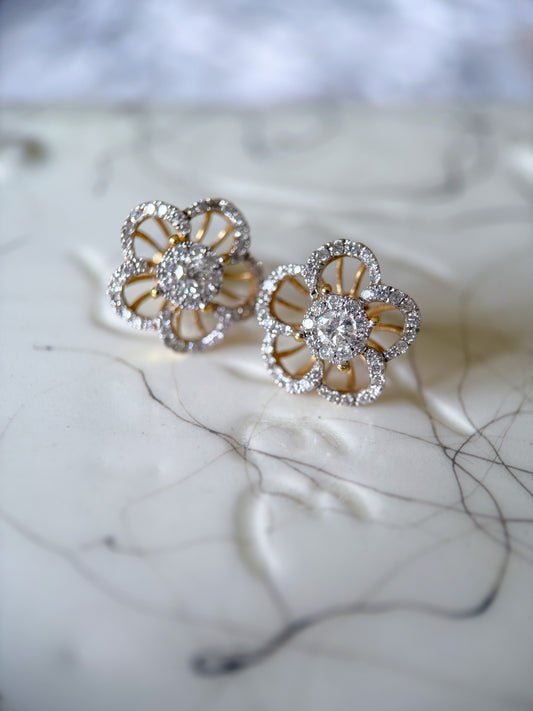 Natural Diamond Flower 14k Yellow Gold Large Stud Earrings