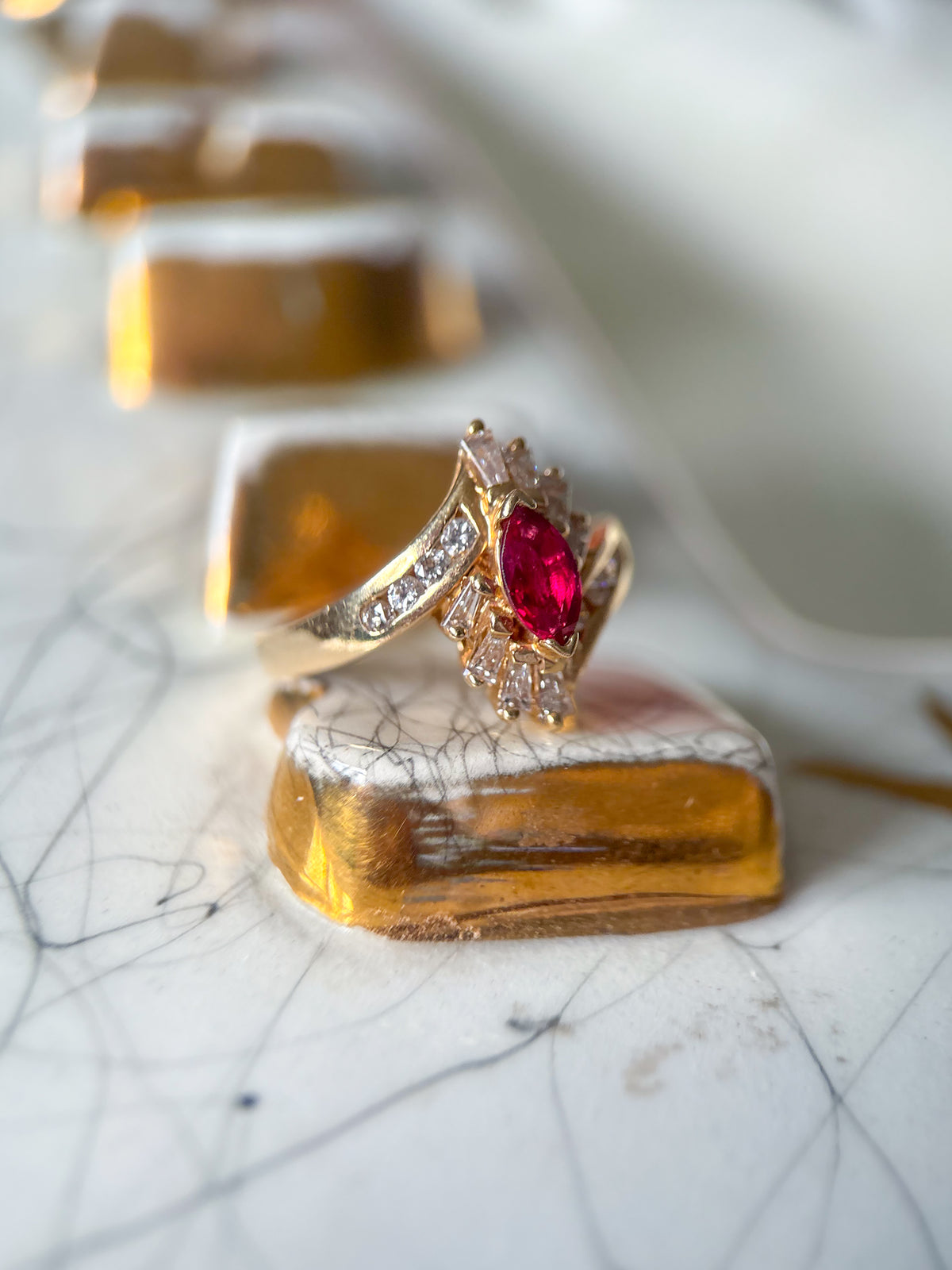 Vintage Marquise Shaped Natural Ruby and Natural Diamond 14k Yellow Gold Ring