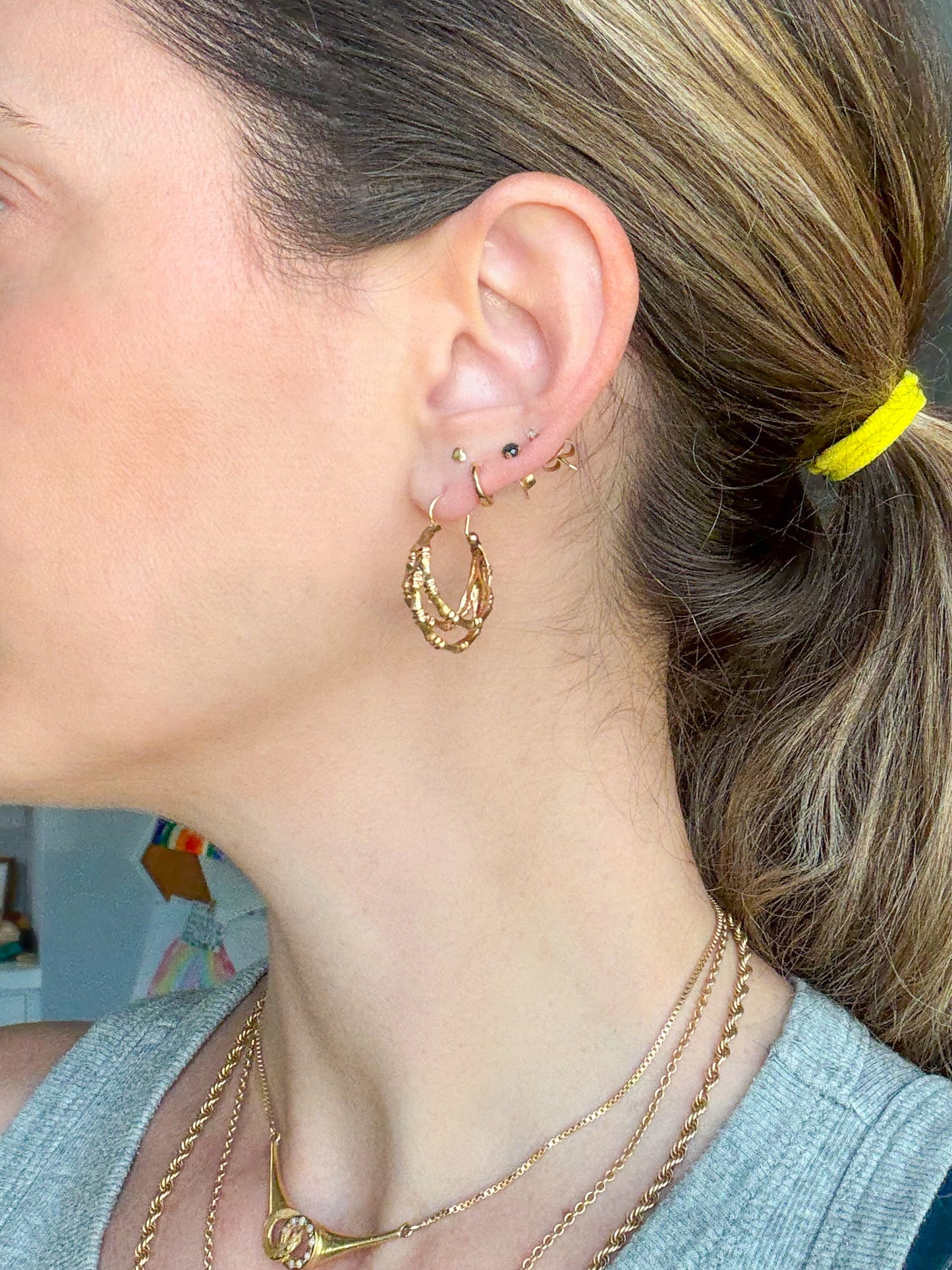 Vintage Three Hoop Bamboo Hoop 14k Yellow Gold Earrings
