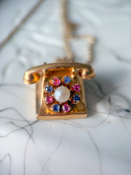 Vintage Telephone with Natural Rubies, Sapphires and a Pearl 14k Yellow Gold Charm