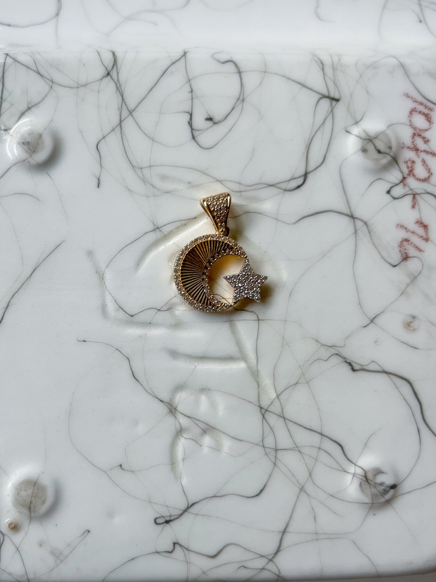 Small Moon and Star CZ 10k Yellow Gold Charm