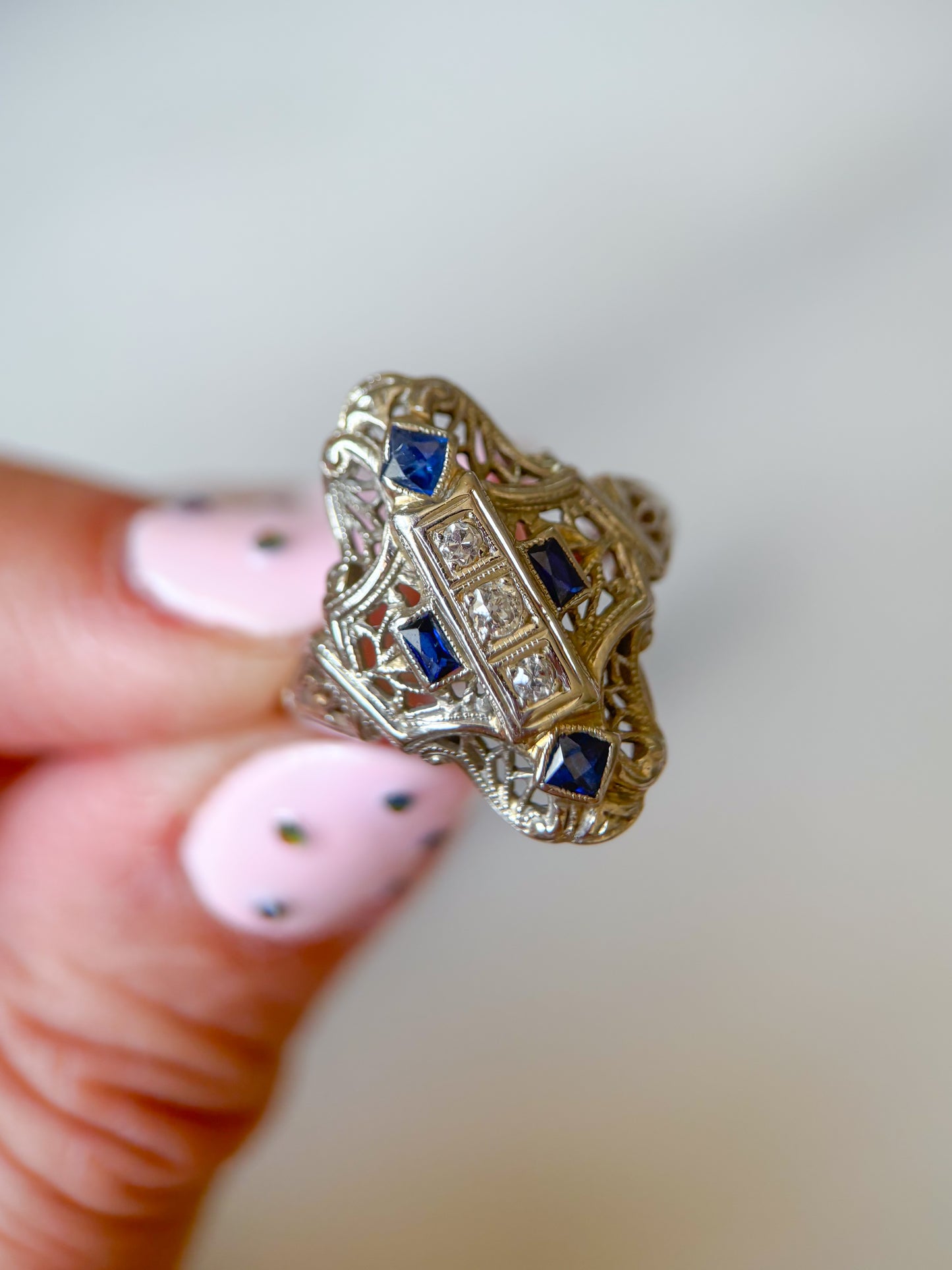 Vintage Natural Diamond and Natural Sapphire 14k White Gold Statement Ring