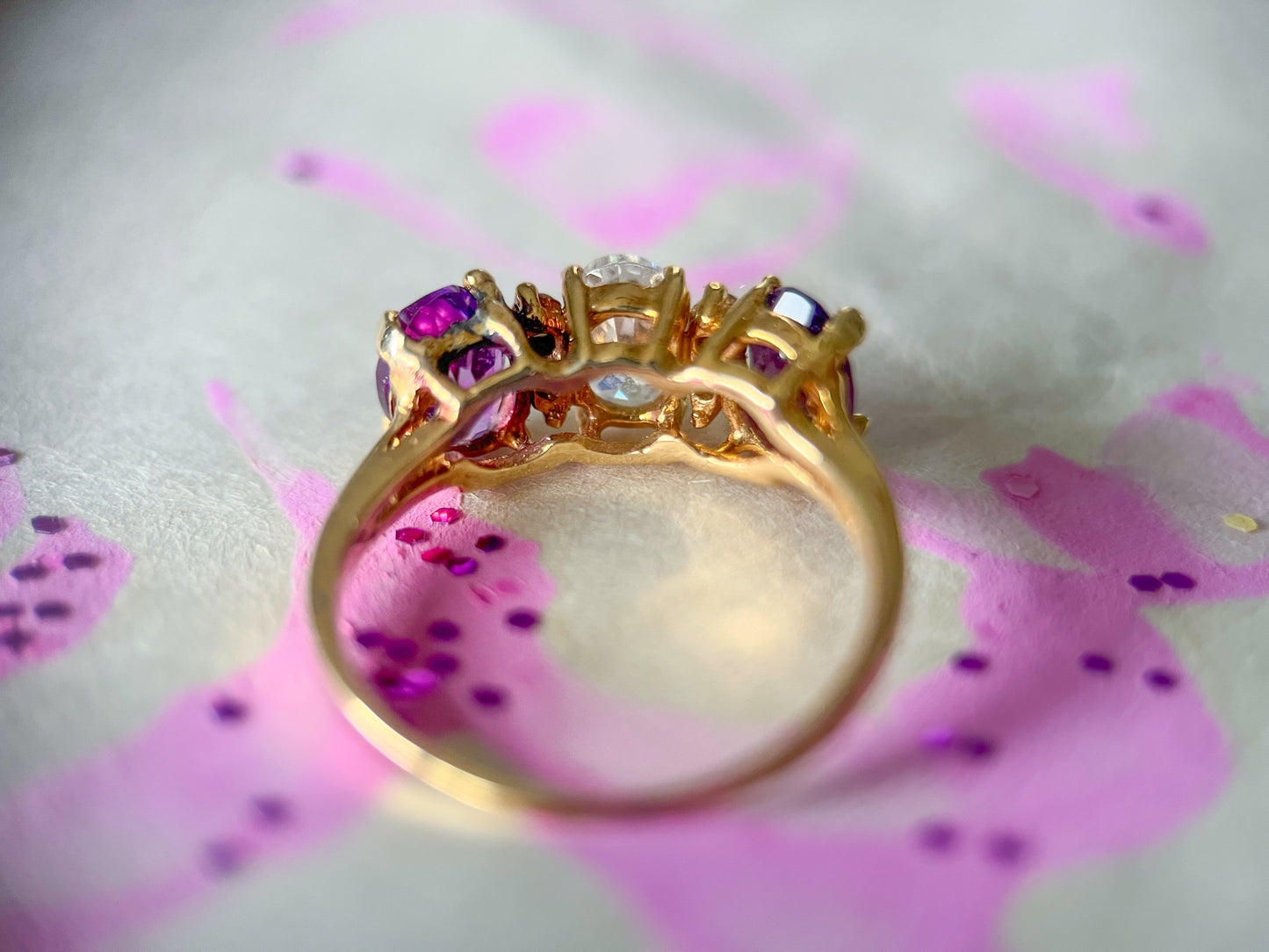 Vintage Natural Amethyst and CZ Three Stone Ring with Natural Diamonds 14k Yellow Gold