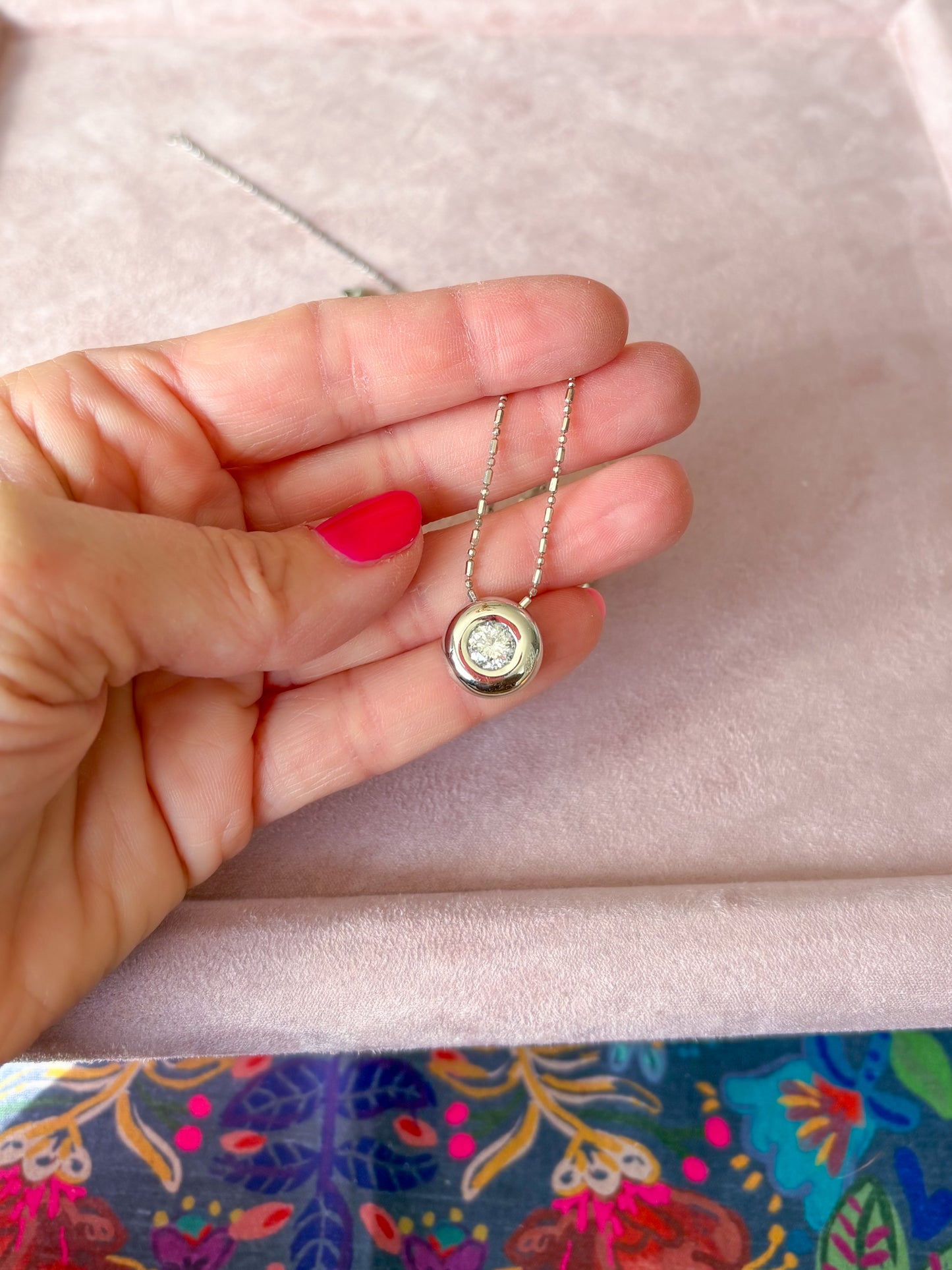 Vintage Bezel Set Natural Diamond Pendant 14k White Gold Charm with Ball Chain