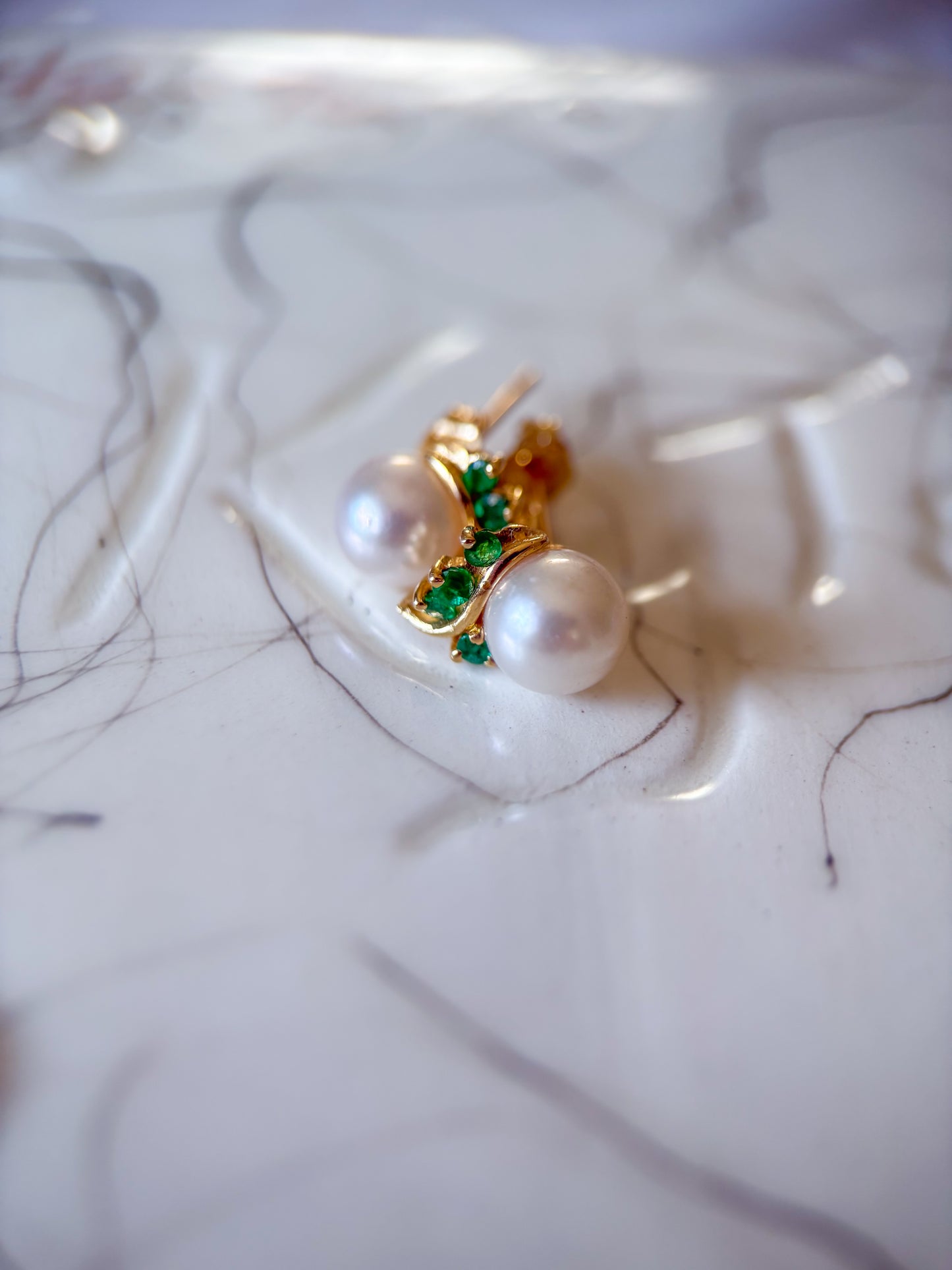Vintage Pearl Stud with Natural Emeralds 14k Yellow Gold Earrings