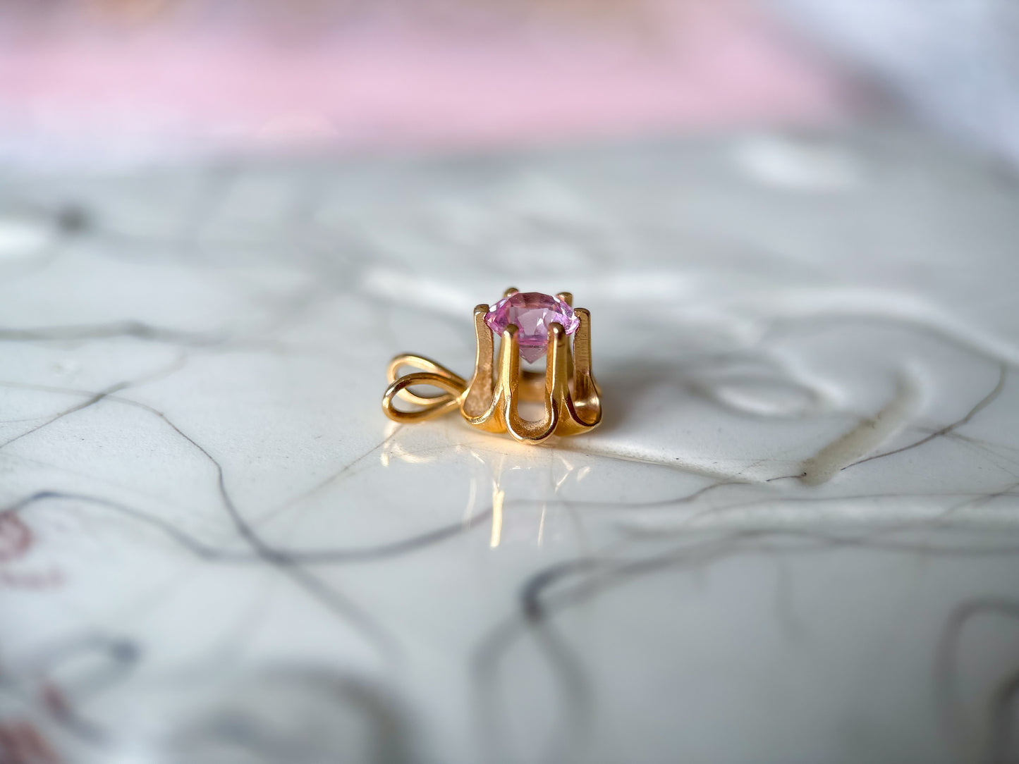 Vintage Pink Stone Flower 14k Yellow Gold Charm