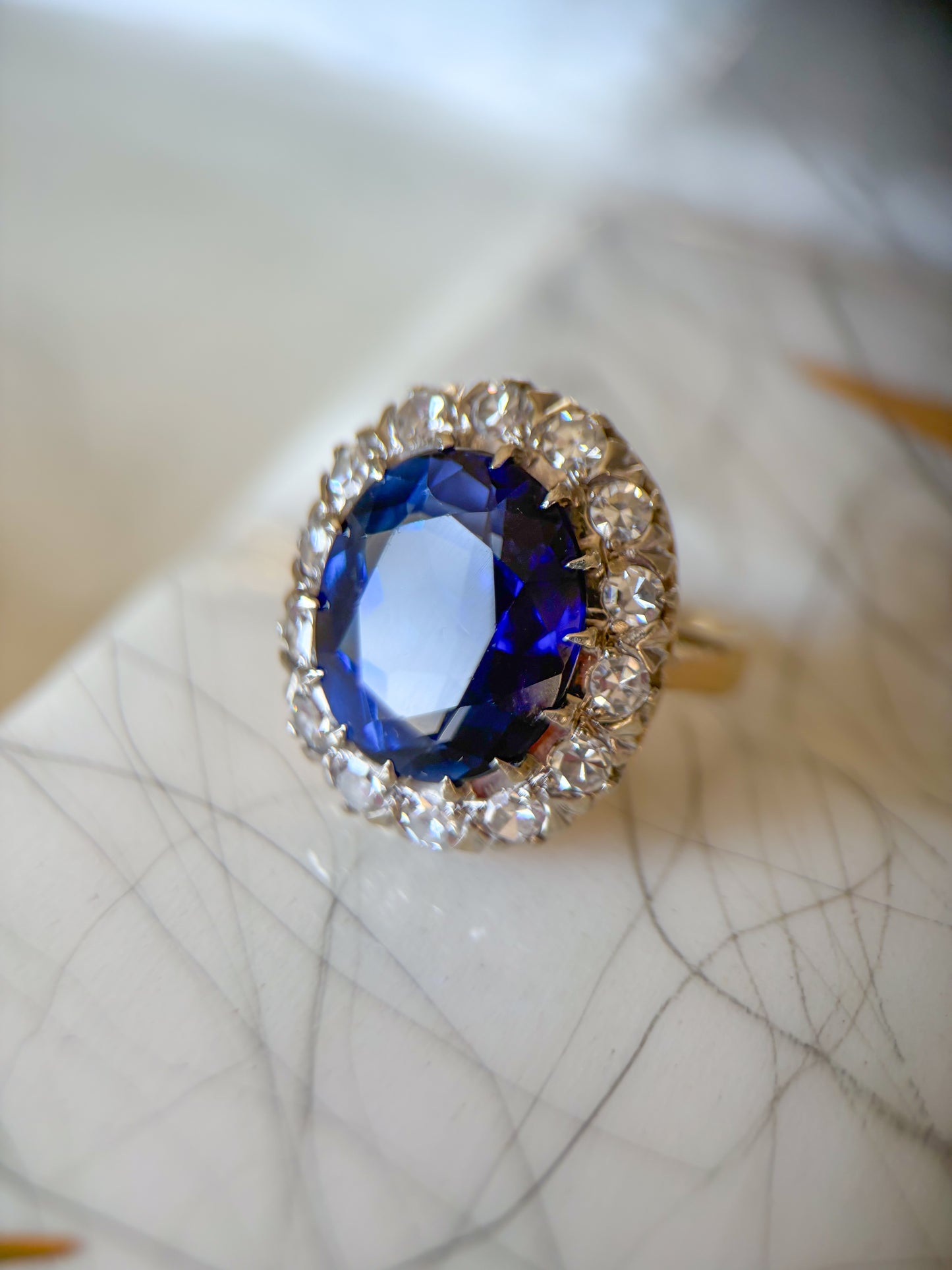 Vintage Natural Diamond and Blue Stone 10k White Gold Statement Ring