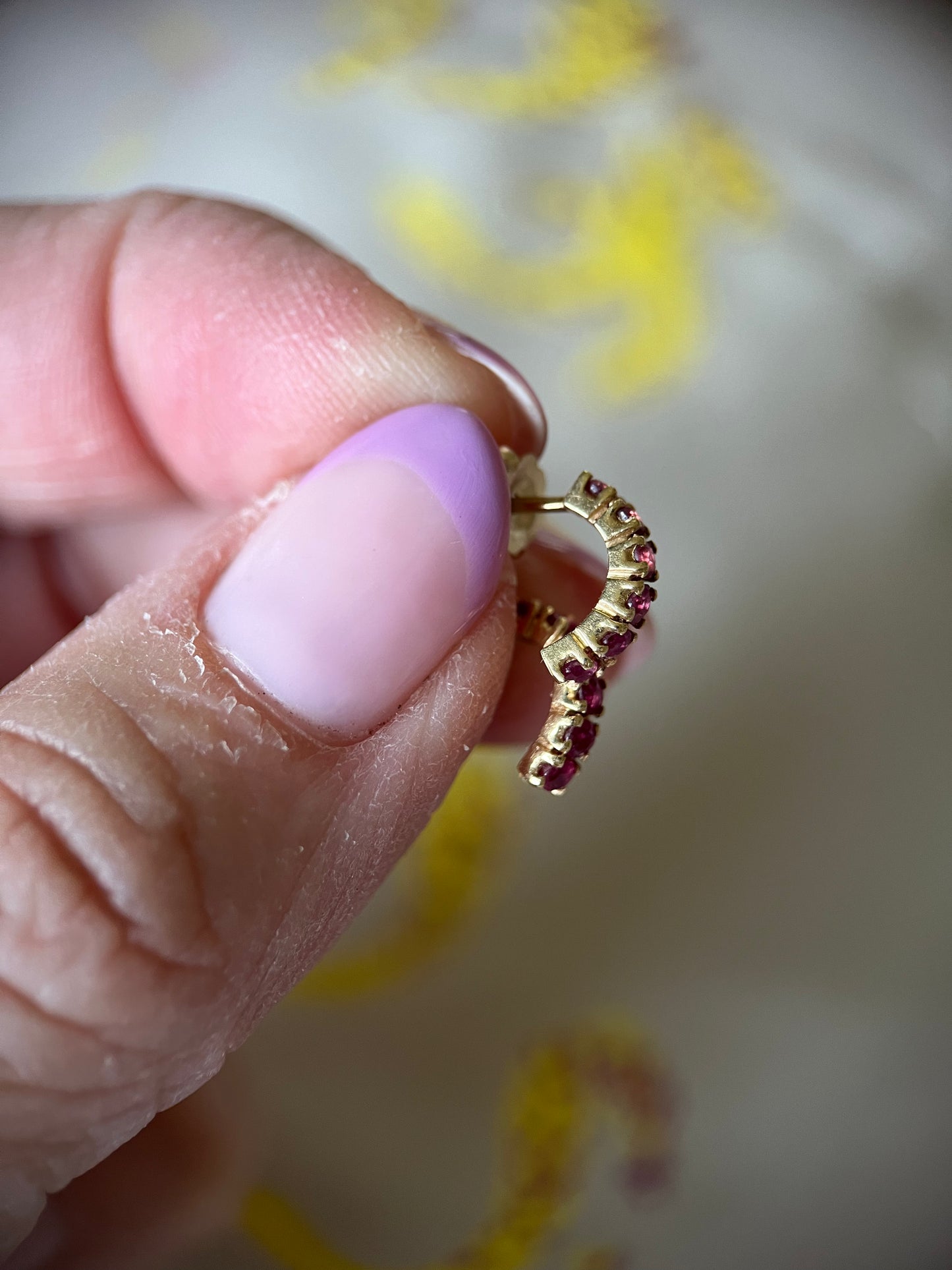 Vintage Half Hoop Natural Ruby 14k Yellow Gold Stud Earrings