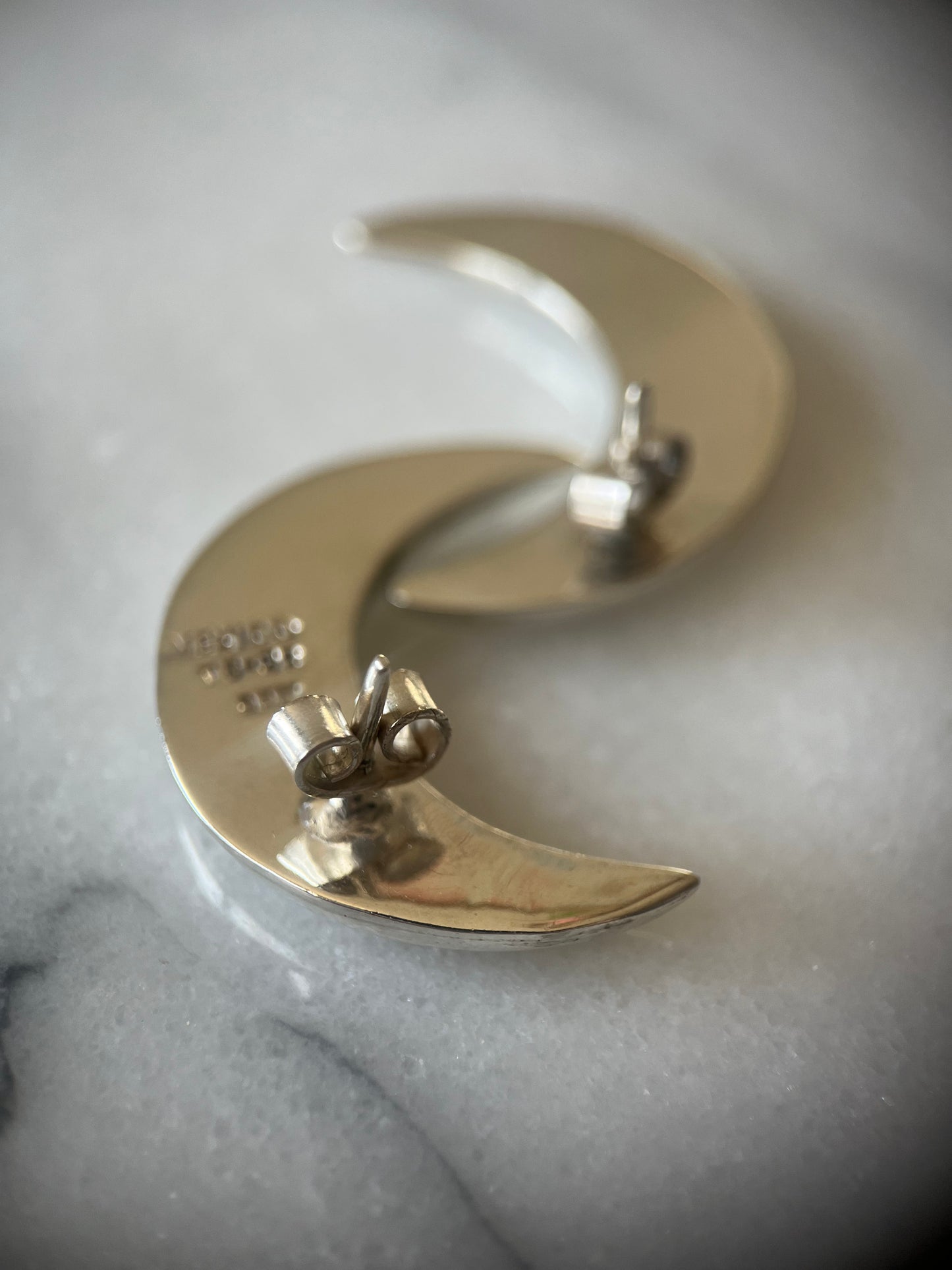 Vintage Sterling Silver Large Moon Crescent Stud Earrings, circa 1970s