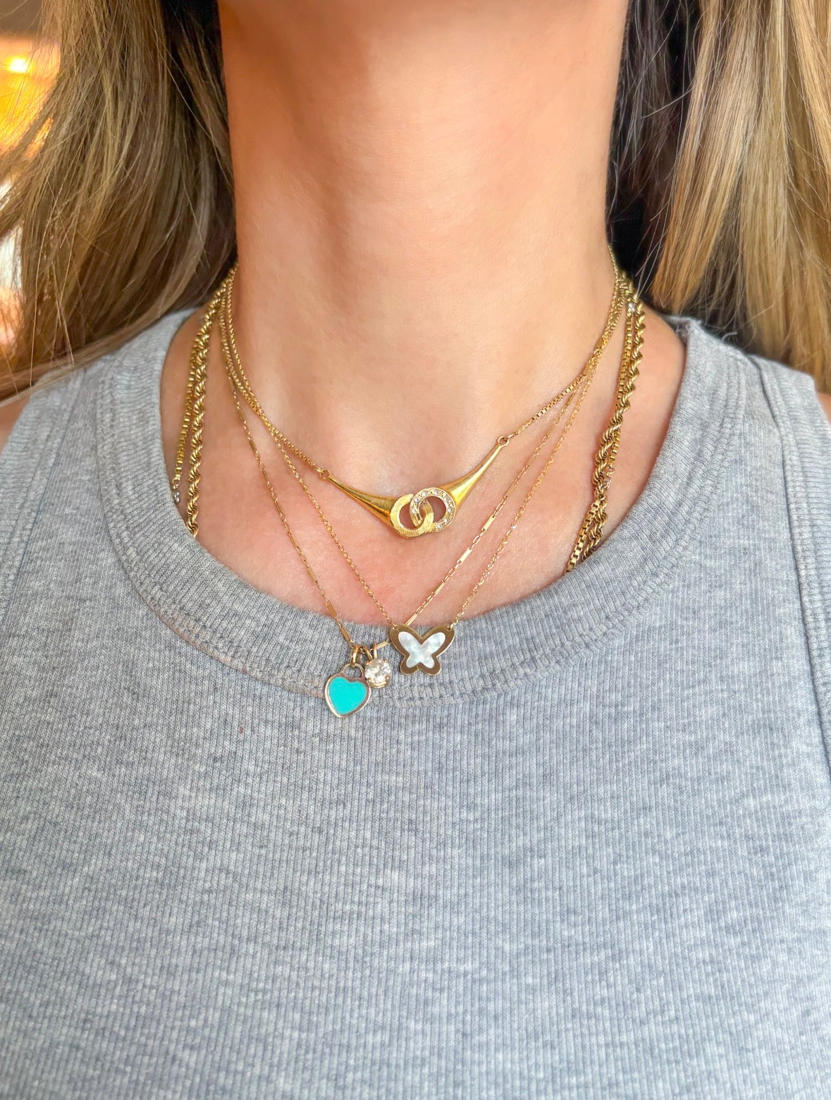 Vintage Mother of Pearl Butterfly Charm on 14k Yellow Gold Chain